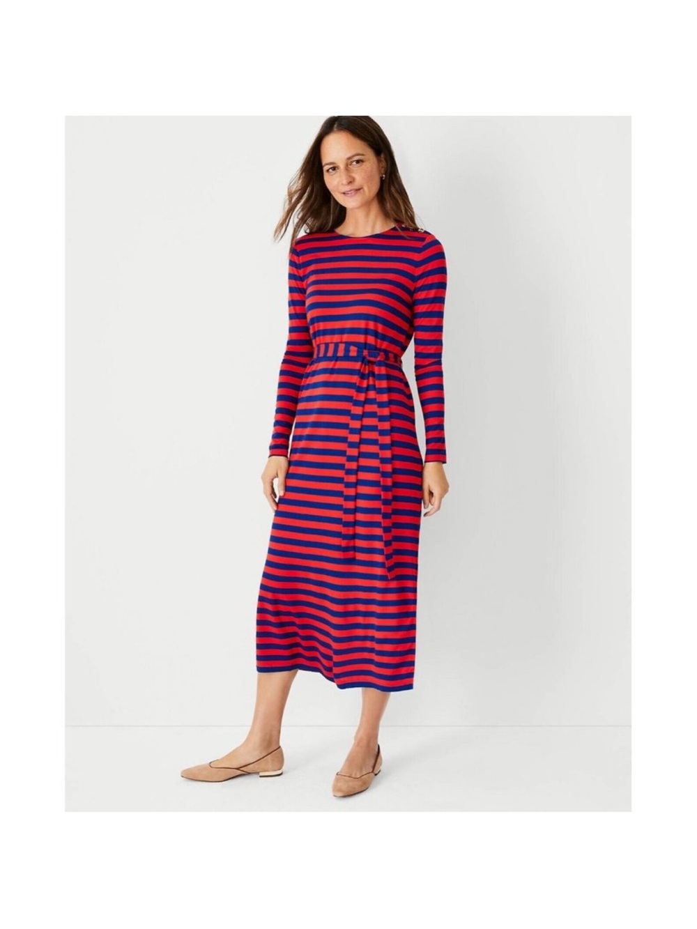 Ann Taylor | Red and Blue Striped Long-Sleeve Midi Dress | SM